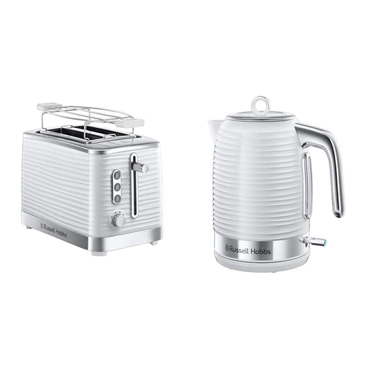 Russell Hobbs 24360-70 ūdens sildītājs Inspire White, 2400 vati, 1.7l, ātrās vārīšanas funkcija, enerģiju taupošs, augstas kvalitātes, strukturēts spīdīgs plastmasas, balts & Hobbs 24370-56 tosteris