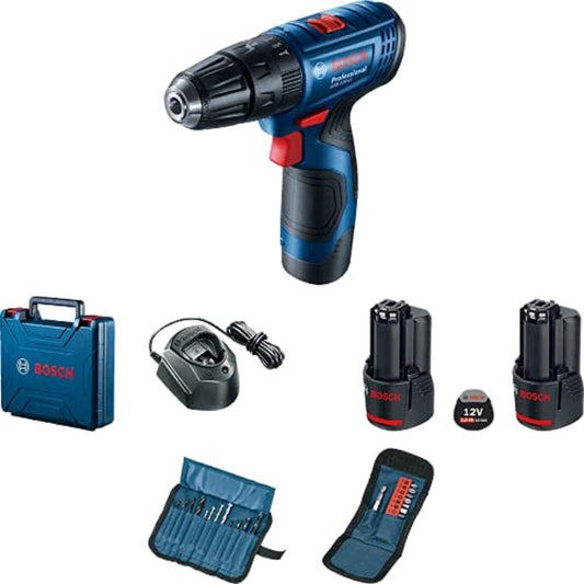 Bosch Professional 12V GSB 120-LI - Includes 2x 2.0Ah batteries, charger, 3-piece drill and screw set, carrying case.