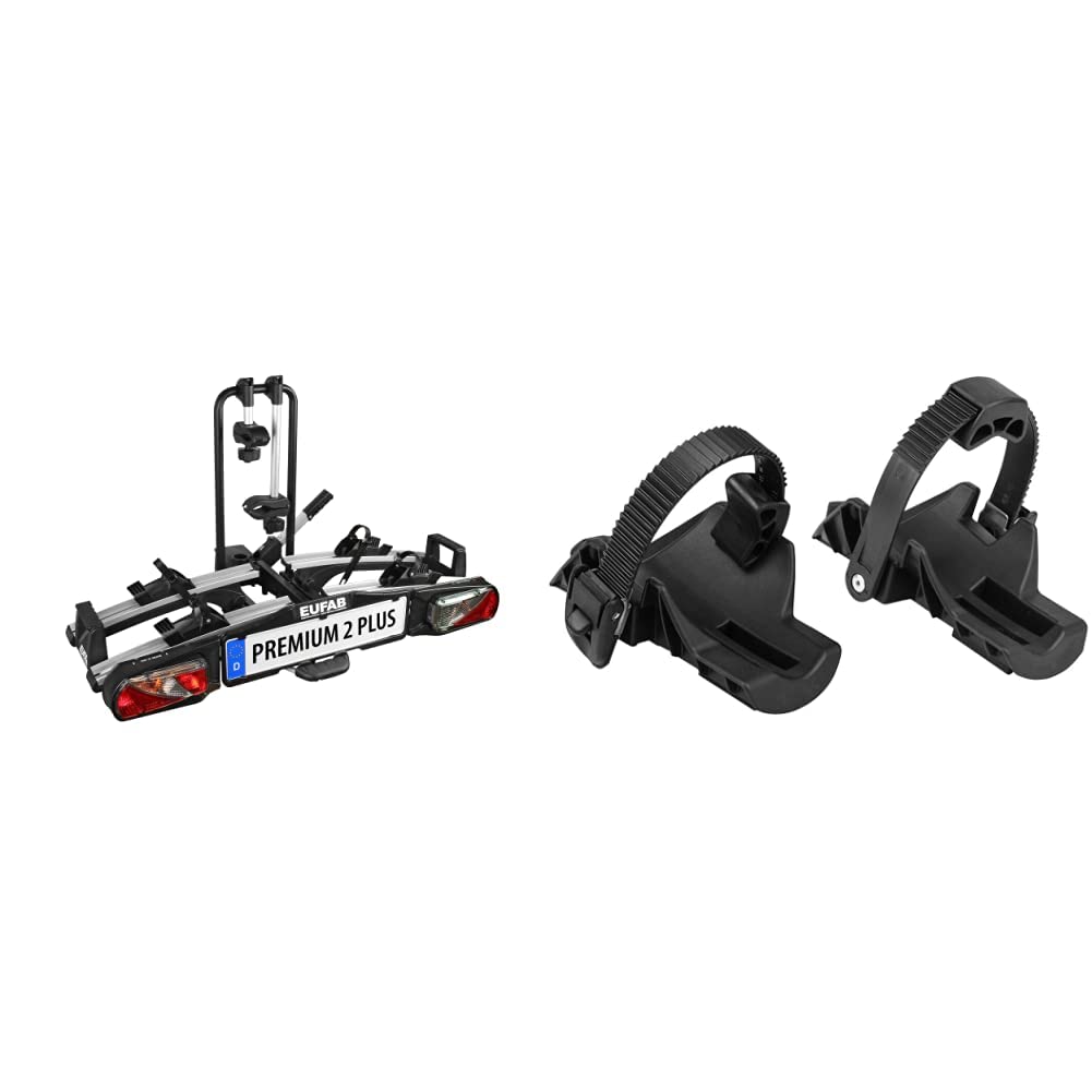 EUFAB 11523 aizmugurējais velosipēdu turētājs Premium ll Plus sakabes āķim, piemērots e-velosipēdiem + EUFAB 11243 riteņu fiksators platiem riepām II Plus, Prem. III