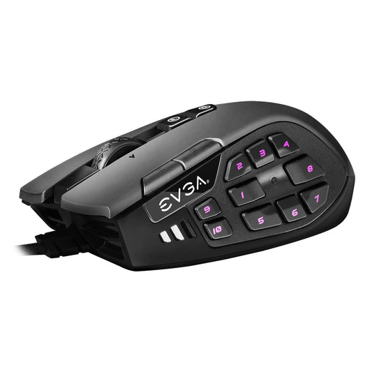EVGA X15 MMO spēļu pele - 8k, vadu, melna, 16,000 DPI, 20 pogas, 5 profili, ergonomiska dizaina.