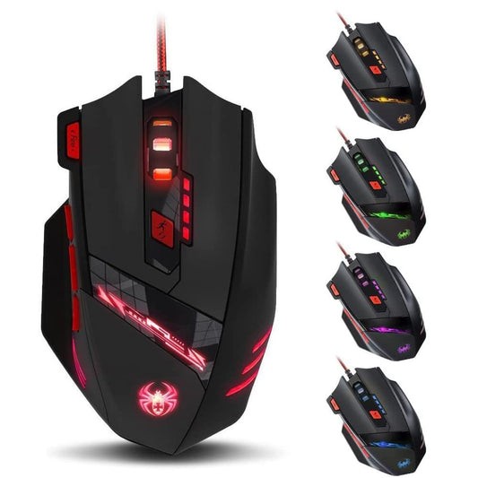 Zelotes T90 spēļu pele - 9200 DPI, vadu USB, 8 pogas, svara regulēšanas komplekts, melna krāsa.