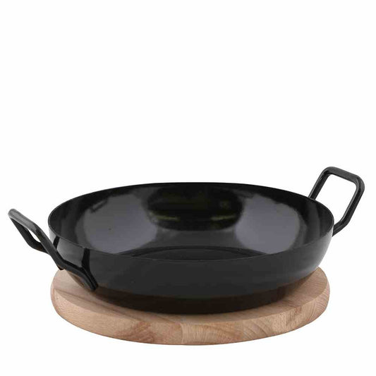 Karl Krüger 1220H gardēžu panna - 20 cm black enamel steel with wooden handle, perfect for cooking and serving.