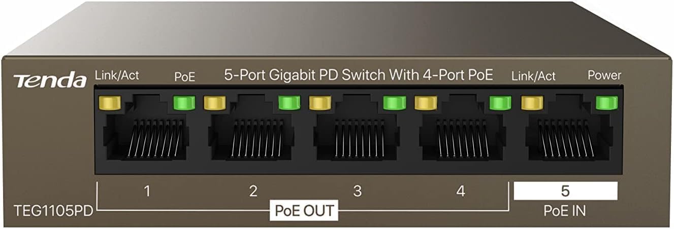5 portu Gigabit PoE darbināms komutators TENDA TEG1105PD bez barošanas adaptera, 4 PoE porti
