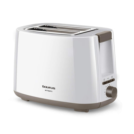Taurus Mytoast II - Divu slīpēšanas tosteris | 750W | Apstāšanās funkcija | Atkārtota sildīšana un atkausēšana | 7 tosta līmeņi | Automātiskā centrēšanas sistēma | Drupatu atvilktne | Gaismojoši pogas | Balts