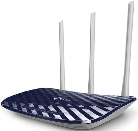TP-Link Archer C20 divjoslu WLAN maršrutētājs (300Mbit/s uz 2,4GHz + 433Mbit/s uz 5GHz, 4 10/100 LAN + 1 10/100 WAN porti, atbalsta vienkāršu viesu tīkla piekļuvi un bērnu aizsardzību) zils balts
