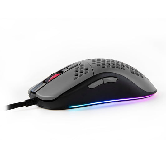 Arozzi Favo Ultra Light RGB Gaming Mouse - Grey/Black, customizable RGB lighting, ergonomic design, ultra-lightweight.