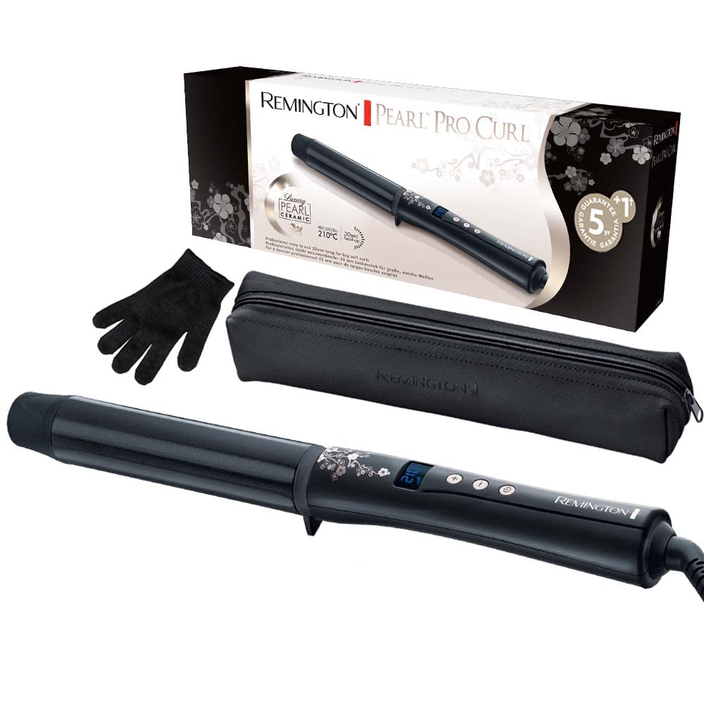 Remington Lockenstab lielām cirtām [32mm] Pearl Digital (keramikas pārklājums ar īstām pērļām) LCD displejs 130-210°C, iekļauts karstumizturīgs cimds, maigas viļņi smalkiem līdz spēcīgiem matiem, melns, CI9533