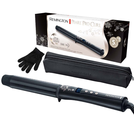 Remington Lockenstab lielām cirtām [32mm] Pearl Digital (keramikas pārklājums ar īstām pērļām) LCD displejs 130-210°C, iekļauts karstumizturīgs cimds, maigas viļņi smalkiem līdz spēcīgiem matiem, melns, CI9533