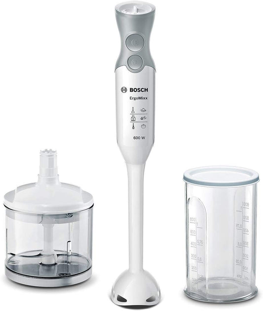 Bosch Stabmixer ErgoMixx MSM66020, maisīšanas kāts, maisīšanas un mērīšanas krūze, 4 asmeņu nazis, ergonomisks dizains, 12 līmeņi plus turbo, 600 W, balts/ pelēks