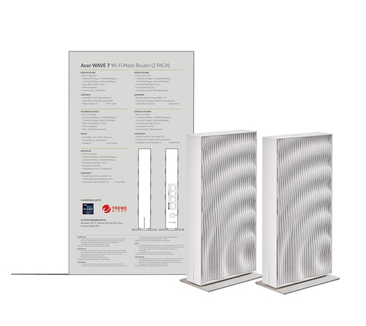 ACER 2 gabali Mesh maršrutētāji WiFi Connect W7, WiFi 7 līdz 6,4 Gbps, Mesh, MLO, atbalsta 6 GHz/5 GHz/2,4 GHz un 320 MHz, vairāki Ethernet porti