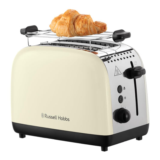 Russell Hobbs tosteris [2 šķēlēm] Colours Plus nerūsējošā tērauda krēmkrāsā (papildu platās tosta atveres, ieskaitot maizīšu uzgaļus, 6 brūnināšanas līmeņi + atkausēšanas funkcija, Lift & Look funkcija, 1600W) 26551-56