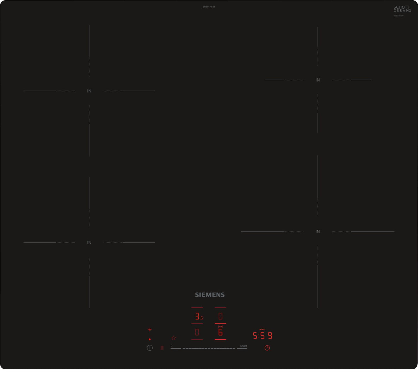 Siemens EH601HEB1E iQ100, viedais indukcijas plīts virsma, 60 cm, melna, līdzenā virsmā, TouchSlider, inteliģentā nosūcēja automātika – ideāla plīts un nosūcēja saderība.