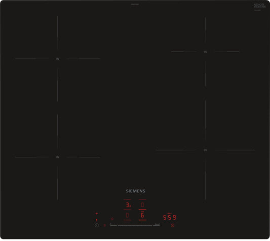 Siemens EH601HEB1E iQ100, viedais indukcijas plīts virsma, 60 cm, melna, līdzenā virsmā, TouchSlider, inteliģentā nosūcēja automātika – ideāla plīts un nosūcēja saderība.