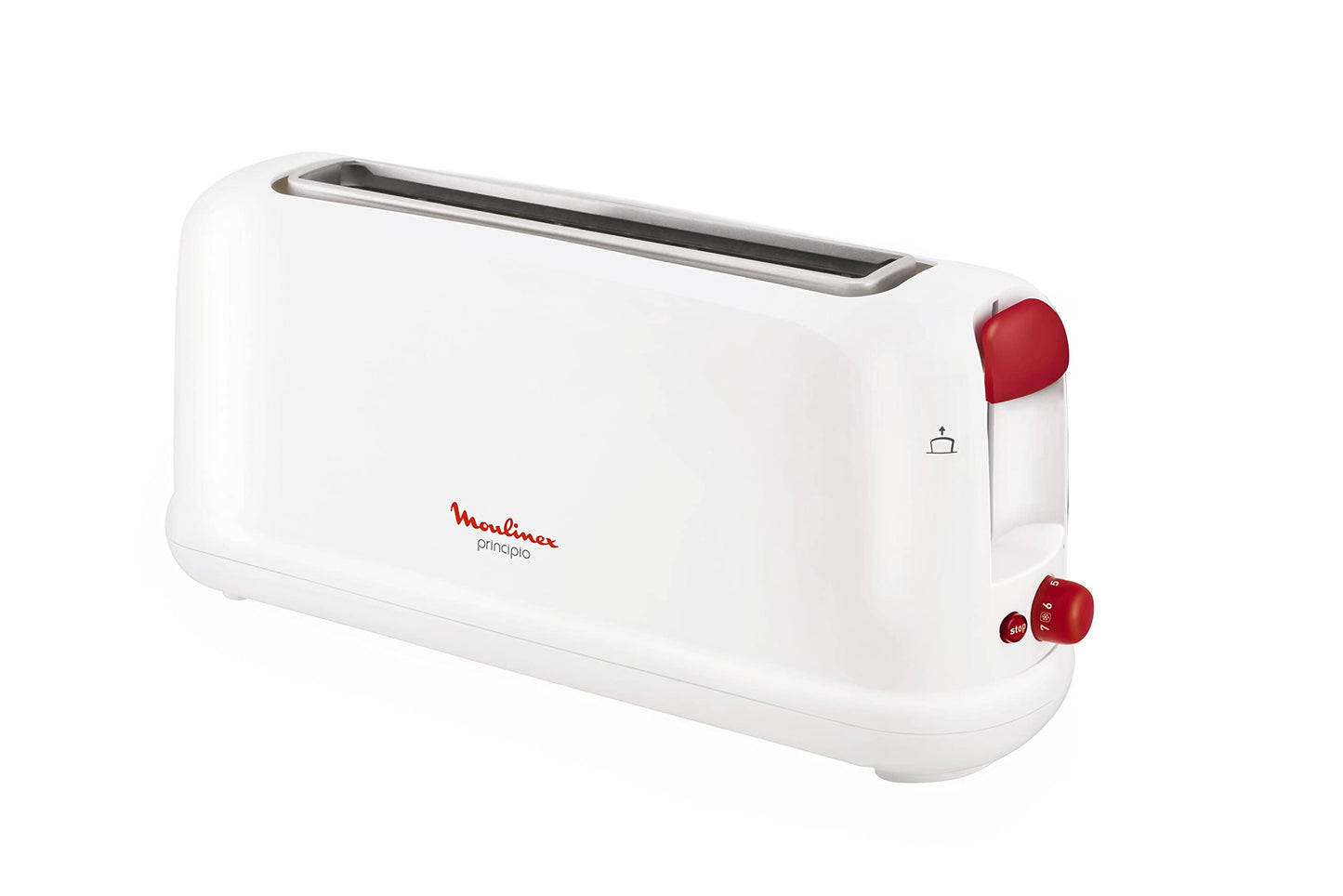 Moulinex Principio LS160111 tosteris ar garu slotu, 25 cm, drupatu savākšanas trauks ar 7 grauzdēšanas līmeņiem, atkausēšanas režīms un izslēgšanas poga, lieliem maizes veidiem, balts