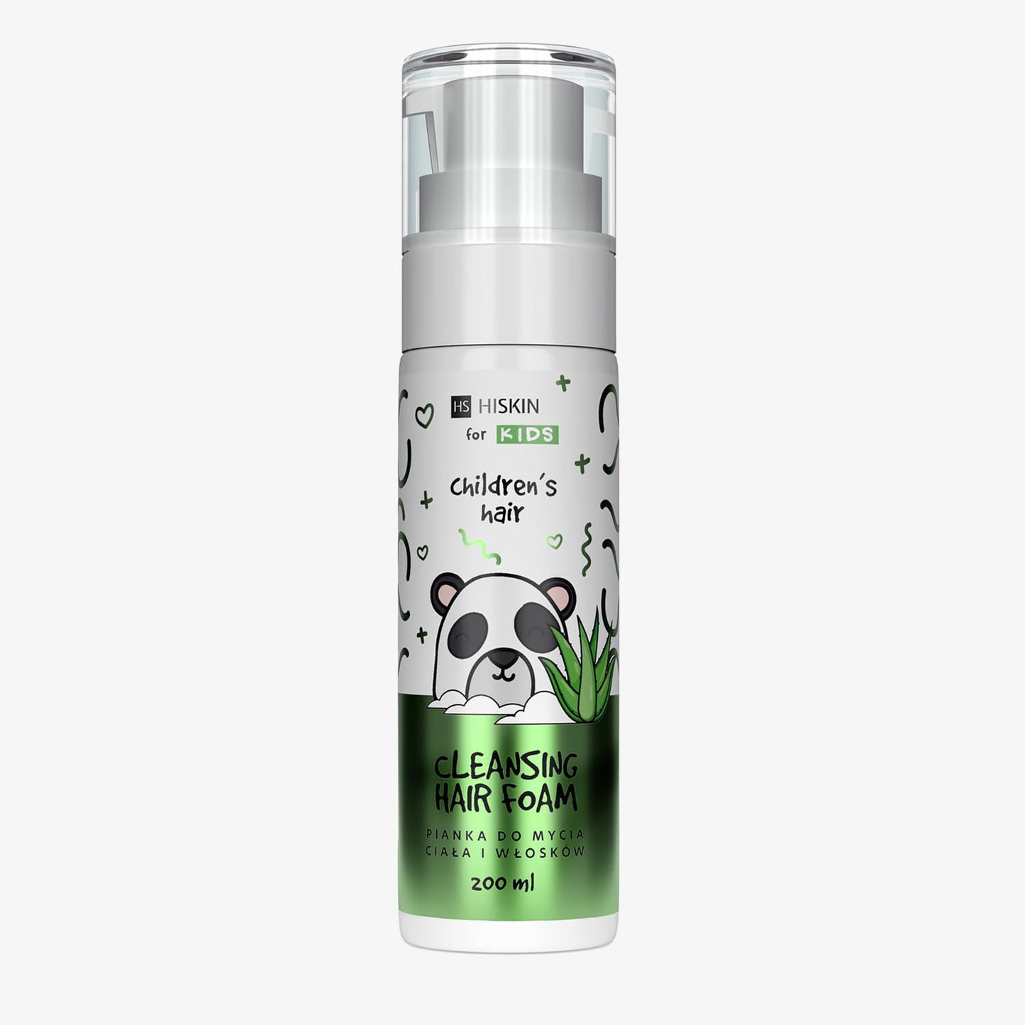 HiSkin Kids mazgājošas putas ķermenim un matiem bērniem – 2-in-1 – maigi attīra ķermeni un matus, alveja mitrina un kopj bērna ādu – 200 ml – vegāns