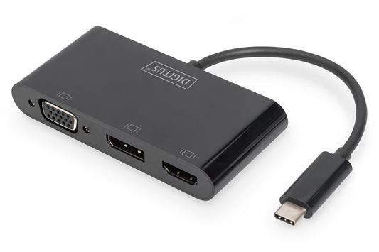 DIGITUS USB-C grafikas adapteris - USB-C uz HDMI, DisplayPort un VGA - UltraHD 4k/60Hz, trīskāršs displeja atbalsts, Plug & Play