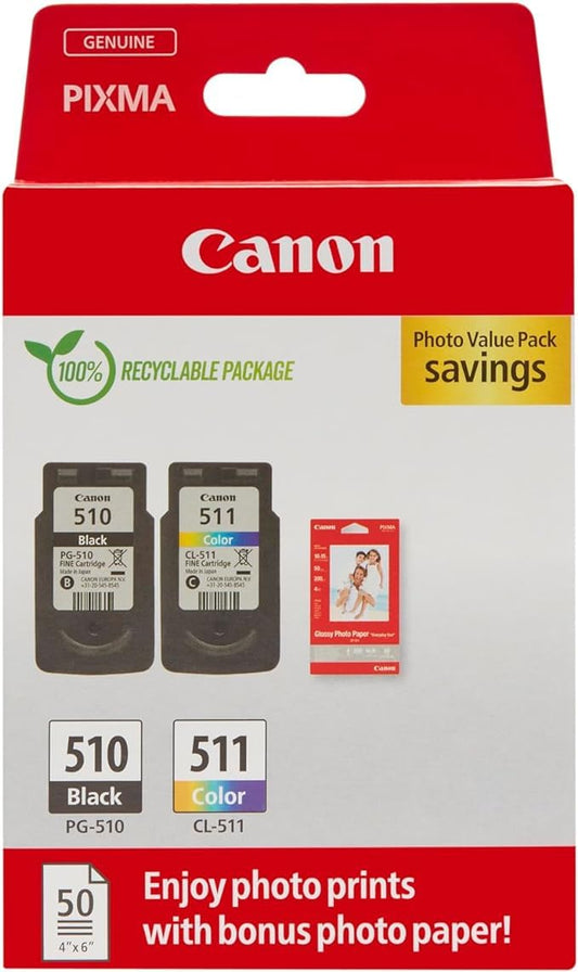 Canon PG-510/CL-511 ink cartridge set - original black and color cartridges with 50 sheets of 10x15cm photo paper.