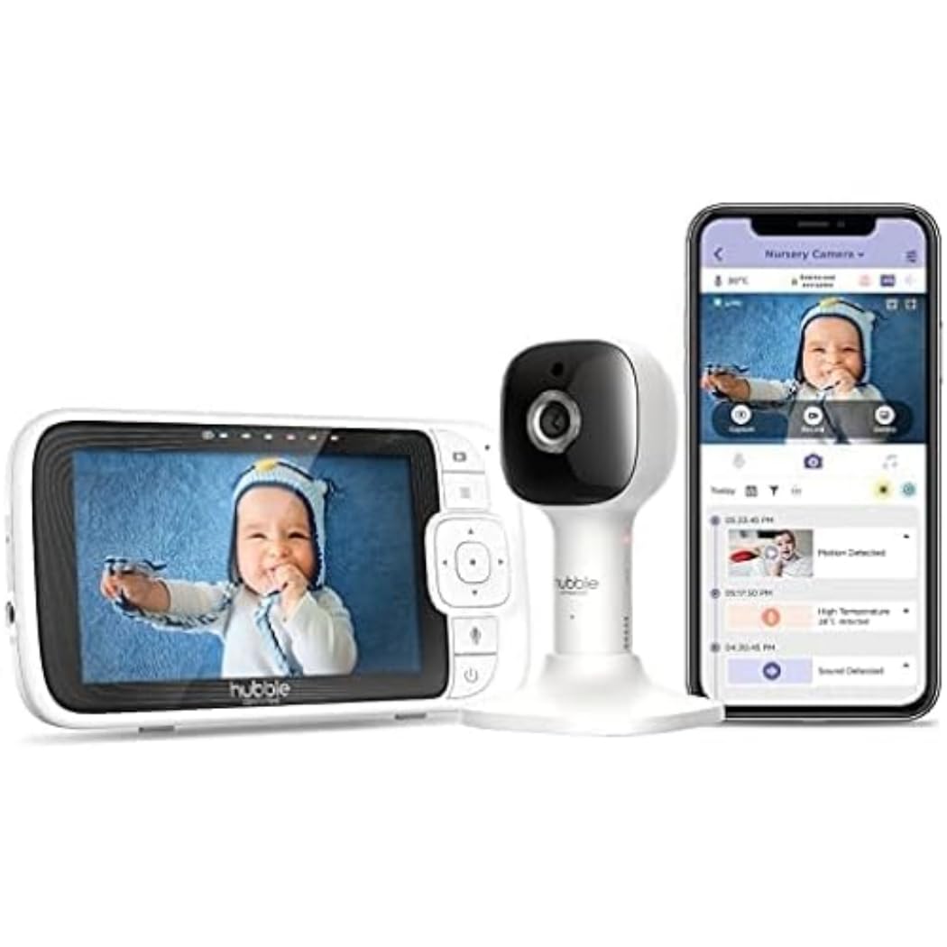 Bērnu monitors ar kameru Hubble Connected Nursery Pal Cloud, 5 collu ekrāns, divvirzienu saziņa, naktslampiņa, Wi‑Fi lietotne, bezvadu nakts redzamība