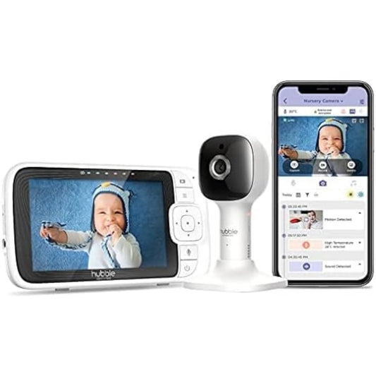 Bērnu monitors ar kameru Hubble Connected Nursery Pal Cloud, 5 collu ekrāns, divvirzienu saziņa, naktslampiņa, Wi‑Fi lietotne, bezvadu nakts redzamība