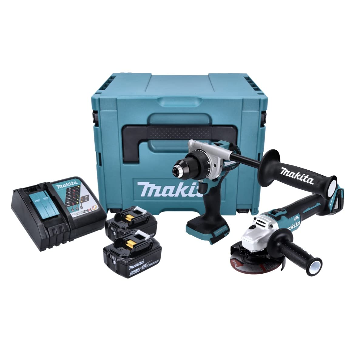 Makita DLX 2430 TJ - DDF 486 akumulatora urbjmašīna, DGA 504 slīpmašīna, 2x 5,0 Ah akumulators, lādētājs, Makpac.