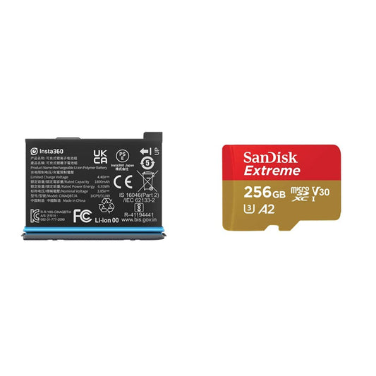 Insta360 X3 oriģinālais rezerves akumulators (1800 mAh) un SanDisk Extreme microSDXC UHS-I atmiņas karte 256 GB + adapteris (viedtālruņiem, action kamerām un droniem, A2, C10, V30, U3, 190 MB/s)