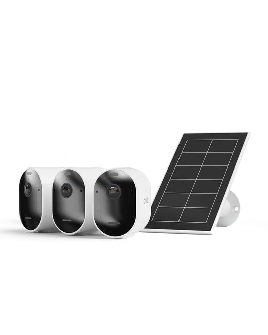 Arlo Pro 5 uzraudzības kamera āra WLAN + saules paneļi, 2K+ HDR video, bezvadu, uzlabota krāsu nakts redzamība, 160° skata leņķis, prožektors, divvirzienu audio, trauksmes sirēna, drošības izmēģinājuma periods, 3 gabalu komplekts