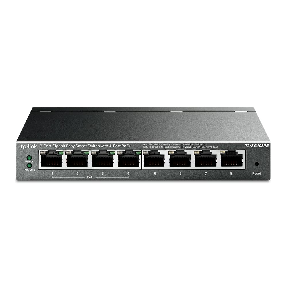 Pārvaldāms PoE tīkla slēdzis TP-Link TL-SG108PE, 8 gigabitu porti, 4 PoE+ porti, 64 W, bez ventilatora, melns
