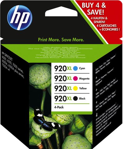 HP 920XL Ink Cartridges - Original 4-color set, 49/6 ml, yields 1,200/700 pages, includes 4 cartridges.