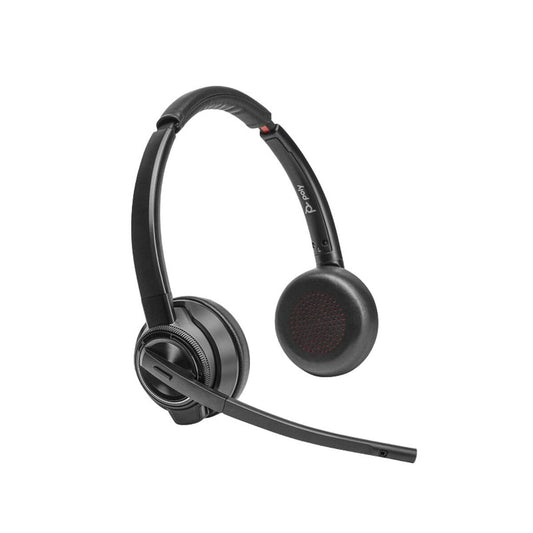 Poly Savi 8420 Office - DECT/Bluetooth wireless headset with active noise cancellation, over-ear design, black color.