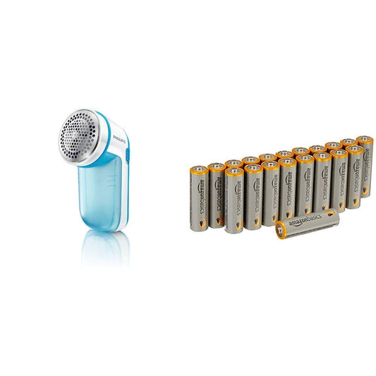 Philips GC026/00 pūka noņemšanas ierīce dažādiem audumiem, 2 augstuma iestatījumi, darbināma ar baterijām, tirkīza krāsā un Amazon Basics Performance alkāliskās baterijas, AA, 20 gabali.