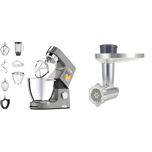 Kenwood Titanium Chef Patissier XL KWL90.034SI – virtuves kombains ar integrētu svaru, ieskaitot 4 daļu konditorejas komplektu, sudraba krāsā un gaļas mašīnu KAX950ME, piederumi Kenwood virtuves kombainiem