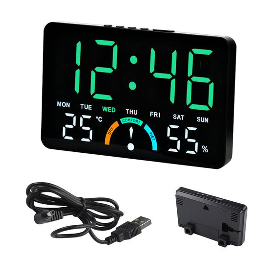 Digitālais sienas pulkstenis KQWVZ LED ar modinātāju, temperatūra, datums, nedēļa, spilgtuma iestatījums, komforts, 16x10x3.3cm, zaļa gaisma