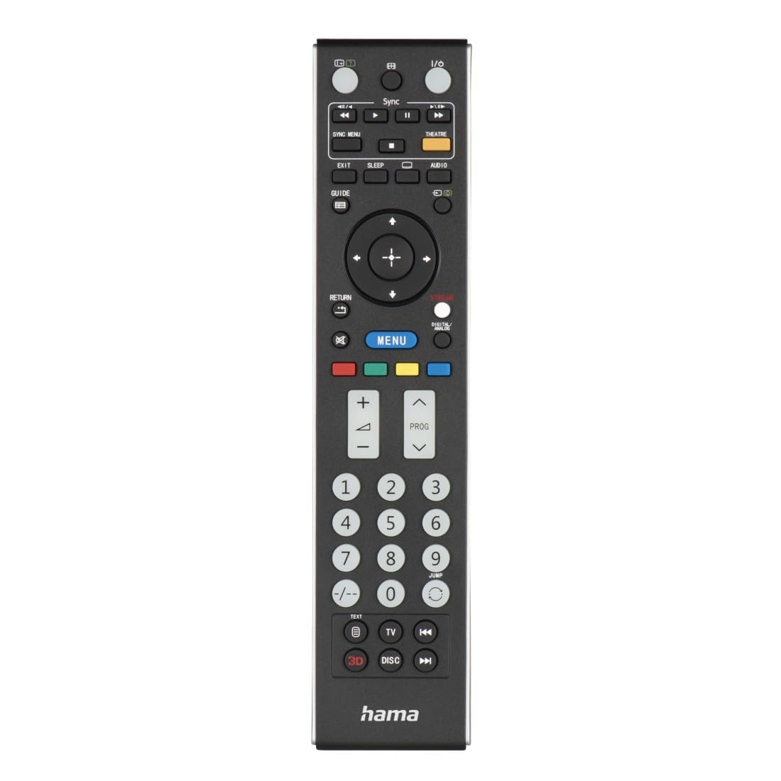 Hama universālā tālvadības pults Sony televizoriem (infrasarkanais, mācīšanās spēja, izgaismotās pogas, viedā poga, vieglais režīms, ergonomiskas galvenās pogas, 10m darbības attālums) melna