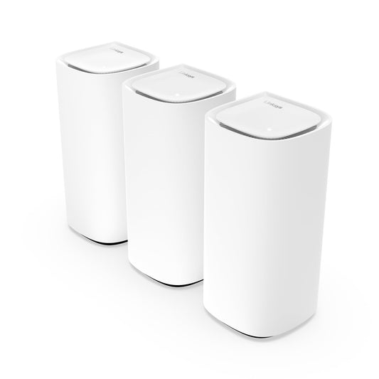 Linksys Velop Pro WiFi 6E Mesh sistēma MX6203-KE – kognitīvais Mesh maršrutētājs ar 6 GHz joslas piekļuvi un 5,4 Gbit/s – Mesh pārklājums līdz 825 m² un 600 ierīcēm – 3 gabalu komplekts