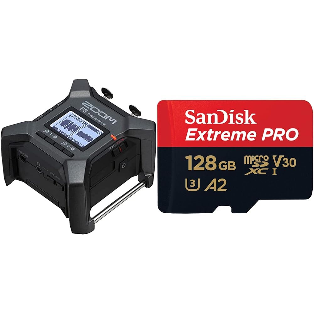 Zoom F3 multi-track lauka ierakstītājs un SanDisk Extreme PRO microSDXC UHS-I atmiņas karte 128 GB + adapteris un RescuePRO Deluxe