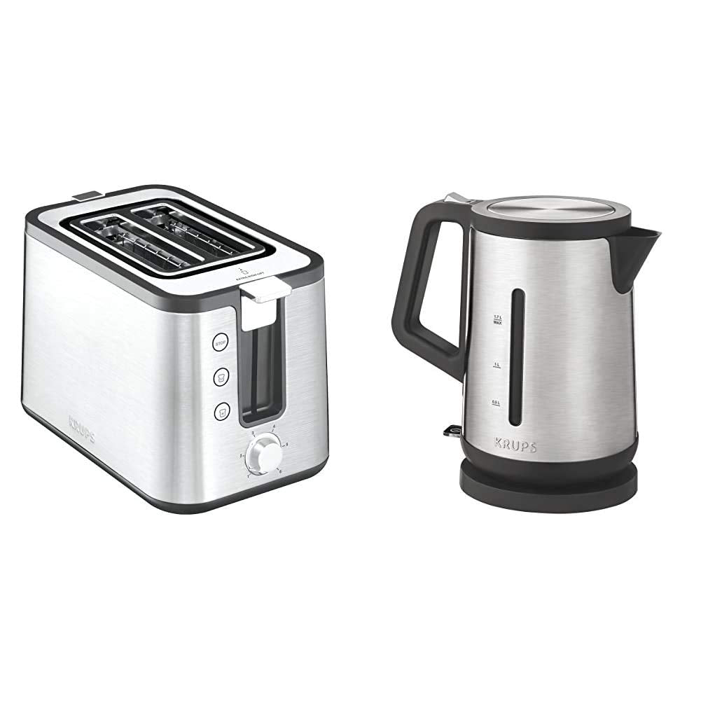 Krups BW442D Premium tējkanna Control Line, 1,7 L, 2,400 W, nerūsējošais tērauds/melns & KH442D10 Control Line Premium tosteris ar 6 brūnināšanas pakāpēm (720 vati) nerūsējošais tērauds/melns