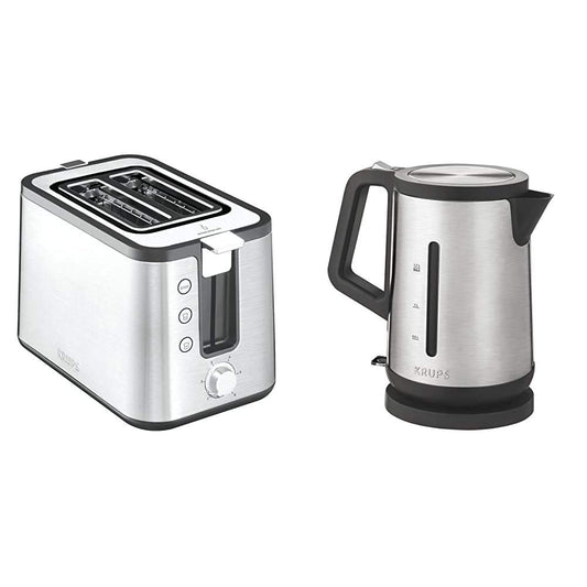 Krups BW442D Premium tējkanna Control Line, 1,7 L, 2,400 W, nerūsējošais tērauds/melns & KH442D10 Control Line Premium tosteris ar 6 brūnināšanas pakāpēm (720 vati) nerūsējošais tērauds/melns