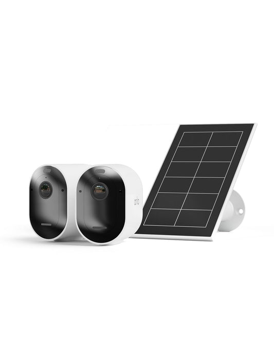 Arlo Pro 5 uzraudzības kamera āra WLAN + saules paneļi, 2K+ HDR video, bezvadu, uzlabota krāsu nakts redzamība, 160° skata leņķis, prožektors, divvirzienu audio, trauksmes sirēna, drošs testa periods, 2 gab. komplekts