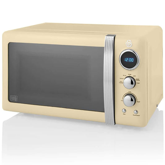 Swan Retro SM22030CNEU Digitālā mikroviļņu krāsns 20L, 5 jaudas līmeņi, atkausēšanas funkcija, 60 minūšu taimeris, durvis ar spoguļa efektu, 27cm griežamais šķīvis, vintage dizains, krēmkrāsā, 800W