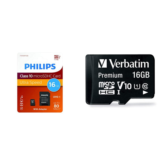 Philips Ultra Speed microSDHC karte 16GB + SD adapteris UHS-I U1 lasīšana līdz 80MB/s A1 ātra lietotņu veiktspēja V10 atmiņas karte viedtālruņiem & Verbatim Premium Micro SDHC atmiņas karte ar adapteri