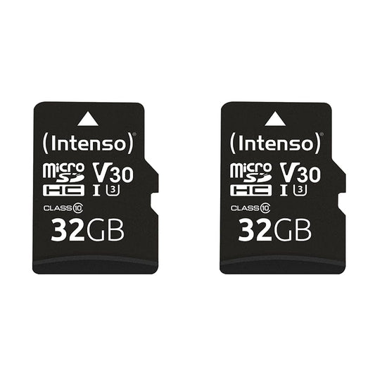 Intenso Professional microSDHC 32GB Class 10 UHS-I, U3, V30 atmiņas karte ar SD adapteri (līdz 100 MB/s), melna (iepakojumā ar 2)