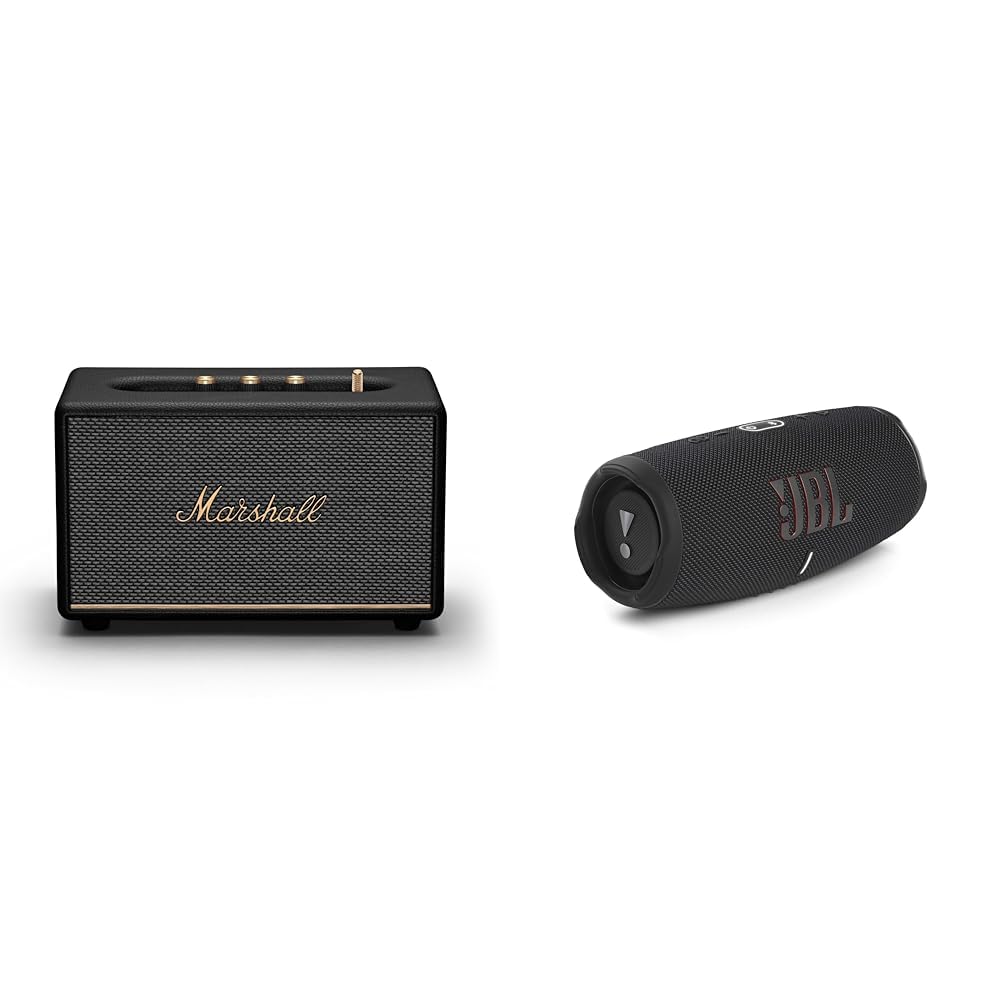 Marshall Acton III Bluetooth skaļrunis, bezvadu – melns un JBL Charge 5 Bluetooth skaļrunis melnā krāsā – ūdensizturīgs