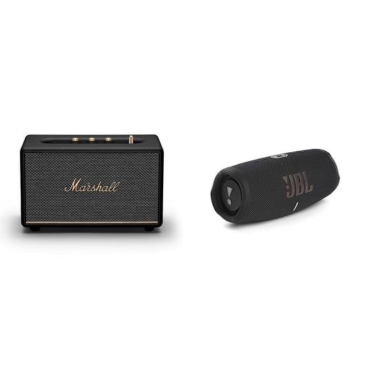 Marshall Acton III Bluetooth skaļrunis, bezvadu – melns un JBL Charge 5 Bluetooth skaļrunis melnā krāsā – ūdensizturīgs