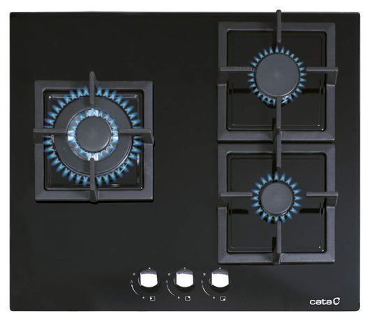 CCI 6021 BK - Gāzes plīts ar propānu un 3 gāzes virsmām - 1 trīskronis - Piemērots vārīšanai ar dabasgāzi - 59 cm platums - Kopējā jauda 6,25 kW - Degļi un grili ar dzelzs gāzi - Cata