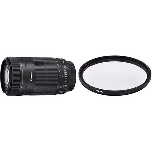 Canon telefoto zoom objektīvs EF-S 55-250mm F4-5.6 is STM telefoto zoom EOS (58mm filtra vītne, optiskais attēla stabilizators), melns & Hama UV filtrs 58mm (aizsargfiltrs ar 4x pārklājumu)