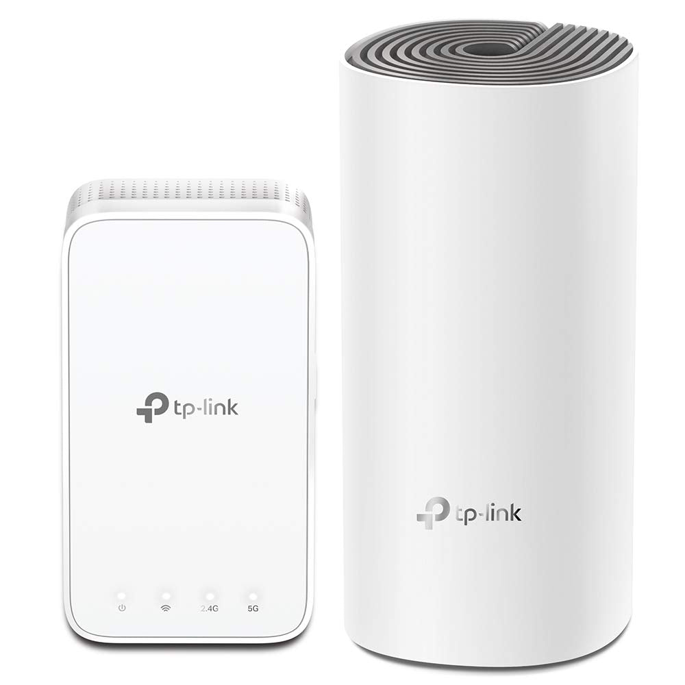 TP-Link Deco E3 AC1200 Mesh divjoslu WLAN maršrutētājs un repeateru komplekts (867Mbit/s 5GHz, 300Mbit/s 2,4GHz, pārklājums līdz 223m², lietotnes vadība, saderīgs ar visām WLAN ierīcēm, 2 gab. komplekts) balts