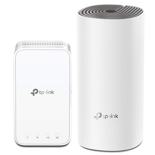 TP-Link Deco E3 AC1200 Mesh divjoslu WLAN maršrutētājs un repeateru komplekts (867Mbit/s 5GHz, 300Mbit/s 2,4GHz, pārklājums līdz 223m², lietotnes vadība, saderīgs ar visām WLAN ierīcēm, 2 gab. komplekts) balts