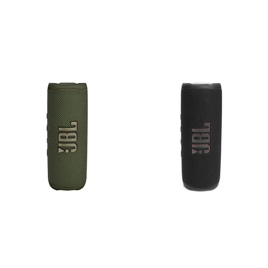 JBL Flip 6 Bluetooth kaste zaļā krāsā – ūdensizturīgs, portatīvs skaļrunis ar 2 ceļu skaļruņu sistēmu jaudīgam skaņai – līdz 12 stundām un Flip 6 Bluetooth kaste melnā krāsā