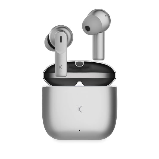 KSIX Meteor bezvadu Bluetooth austiņas - HD zvani, ENC trokšņu slāpēšana, 32 stundu akumulatora, ūdensizturīgs, sudrabs