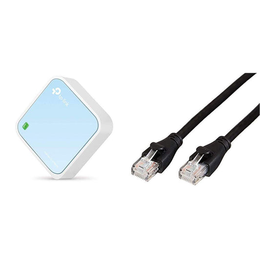 TP-Link TL-WR802N N300 WLAN Nano maršrutētājs (pārvadājams, piekļuves punkts, 300 Mbit/s (2,4GHz), drukāšana, multivide, FTP serveris), zils/balts un Amazon Basics Ethernet tīkla kabelis, RJ45, Cat6, 1,5 m, 1.000 Mbit/s